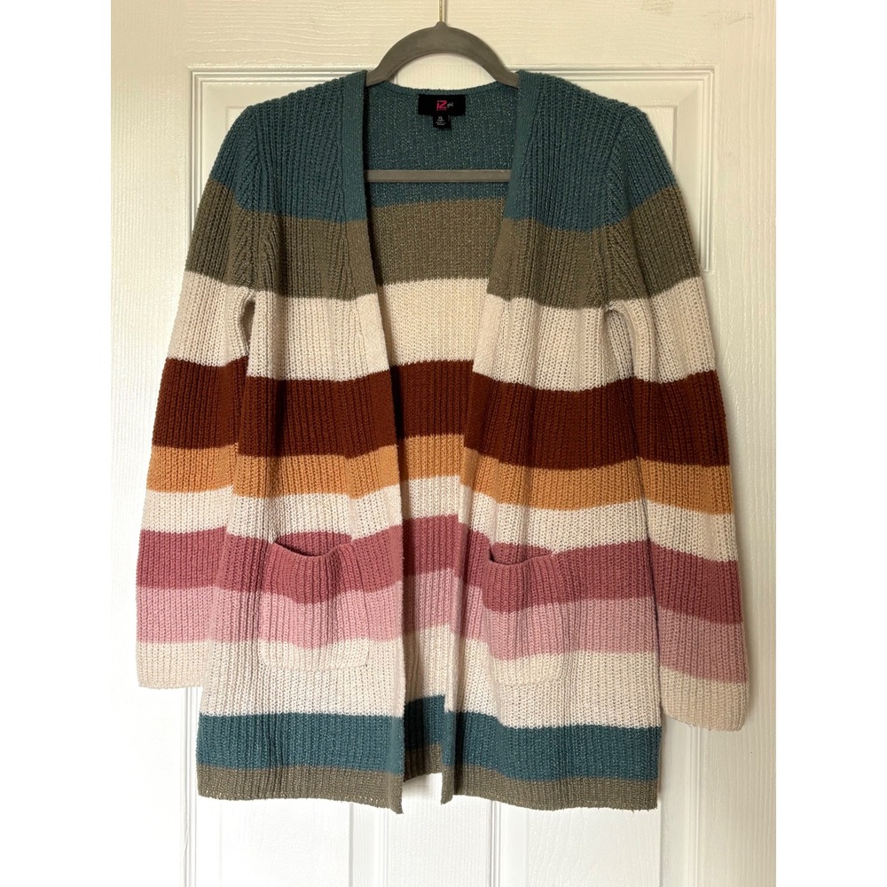 IZ Byer Girl Multicolor Striped Open Front Cardigan Sweater Shaker Knit XL 16 - Picture 1 of 5